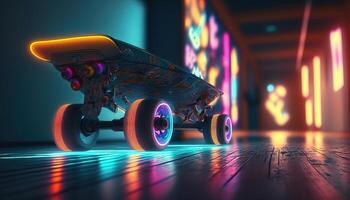 , skate board in cyberpunk style, disco nostalgic 80s, 90s. Neon night lights vibrant colors, photorealistic horizontal illustration of the futuristic city. Sport activity concept. photo