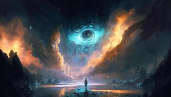, Glowing huge Space Nebula eye, creature emerging from a vast liquid wet swamp illustration, banner template, cosmic horizontal background. Universe, galaxy concept. photo