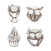 A hand drawn sketch of  ice cream or frozen yoghurt in cups. Vintage illustration. Set. vector