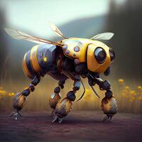 , Robot cyborg bee, concept blockchain and technology networks, yellow mechanical insect. Steampunk cyberpunk style, artificial intelligence photo