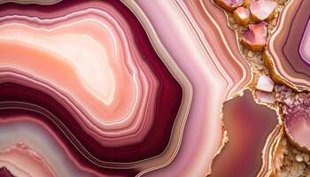 , natural volcanic agate stones close-up pink magenta and golden texture. Wallpaper background, quartz marble, decorative rock pattern photo
