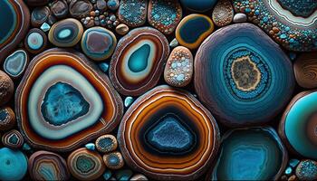 , natural volcanic agate stones close-up turquoise, brown and orange texture. Wallpaper background, quartz marble, decorative rock pattern photo