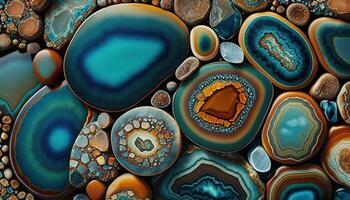 , natural volcanic agate stones close-up turquoise, brown and orange texture. Wallpaper background, quartz marble, decorative rock pattern photo