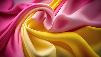 , Flowing chiffon fabric texture in light pink and yellow color. Glossy spring banner, material 3D effect, modern macro photorealistic abstract background illustration. photo