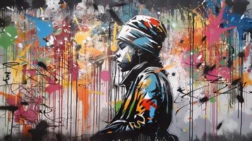 , Ink black street graffiti art on a textured paper vintage background, inspired by Banksy. photo