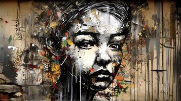 , Ink black street graffiti art on a textured paper vintage background, inspired by Banksy. photo
