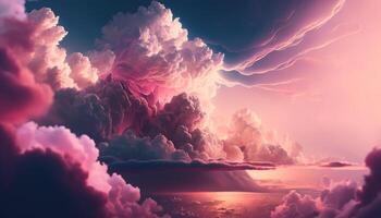 , Pink magenta fantastic clouds, sky and landscape. Gentle colors and with bright lights photo