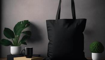 , Realistic black tote canvas fabric bag set-up in at home interior, mug mock up blank. photo