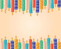 Horizontal Frame of festive colorful wax candles with fire. Vector cartoon gift background or banner.