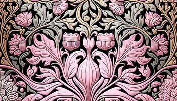 generativo ai, floral vistoso modelo. Guillermo morris inspirado natural plantas y ligero rosado flores fondo, Clásico ilustración. follaje ornamento. foto