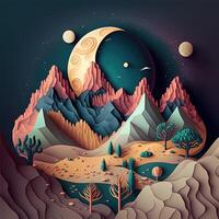 , Landscape with moon, planets, trees, stones and night desert, 3D effect style. Low poly paper cut, adventure concept. photo