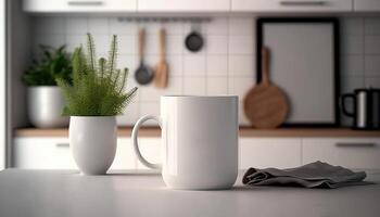 , Realistic white ceramic cup set-up in at home interior, mug mock up blank. Photorealistic illustration photo