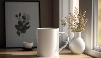 , Realistic white ceramic cup set-up in at home interior, mug mock up blank. Photorealistic illustration photo