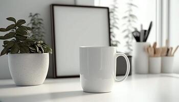 generativo ai, realista blanco cerámico taza configuración en a hogar interior, jarra burlarse de arriba blanco. fotorrealista ilustración foto