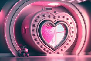 , Futuristic space ship room with pink heart in cyberpunk style illustration. Love, feelings, romantic St. Valentine's Day concept. Sci-fi, realistic 3d effect. photo