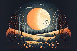 , Landscape with full moon, clouds, grass, trees, stars and night forest, 3D craft effect style. Paper cut, adventure concept. photo