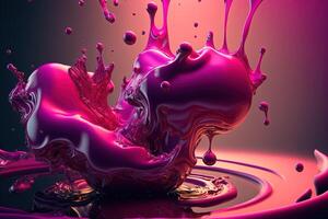 , Flowing liquid with splashes in magenta color. Glossy pink fluid banner, 3D effect, modern macro photorealistic abstract background illustration. photo