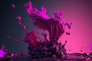 , Flowing liquid with splashes in magenta color. Glossy pink fluid banner, 3D effect, modern macro photorealistic abstract background illustration. photo