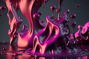 , Flowing liquid with splashes in magenta color. Glossy pink fluid banner, 3D effect, modern macro photorealistic abstract background illustration. photo