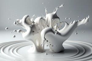 , Flowing liquid with splashes in white color. Glossy cream milk fluid banner, 3D effect, modern macro photorealistic abstract background illustration. photo