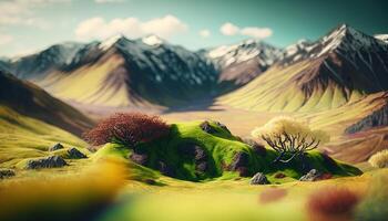 , Mountains spring green landscape, houses, trees, road, beautiful countryside. Nature Illustration, photorealistic tilt shift horizontal banner. photo