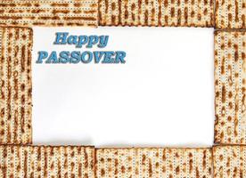 Pesach celebration concept - Jewish holiday Pesach. Frame from square matzah isolated on white background. Happy Passover inscription photo