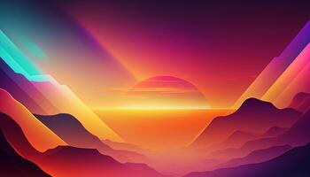 , Beautiful landscape with sun and mountains, in trendy 80s 90s colors, horizontal wallpaper. Abstract gradient background photo