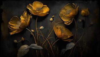 , Close up of blooming flowerbeds of amazing yellow flowers on dark moody floral textured background. Photorealistic effect. photo