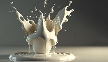 , Flowing liquid with splashes in white color. Glossy creamy milk fluid banner, 3D effect, modern macro photorealistic abstract background illustration. photo