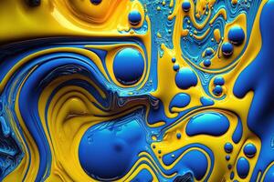 , Flowing liquid with splashes in blue and yellow color. Glossy Ukrainian flag fluid banner, 3D effect, modern macro photorealistic abstract background illustration. photo