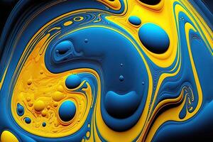 , Flowing liquid with splashes in blue and yellow color. Glossy Ukrainian flag fluid banner, 3D effect, modern macro photorealistic abstract background illustration. photo