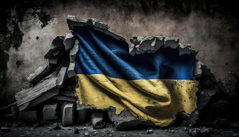 , Ruined Ukraine banner, Ukrainian flag on broken concrete, cracked, shattered, rubble ground. No war concept photo