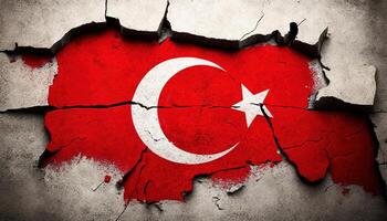 , earthquake in Turkey banner, Turkish flag on broken concrete, cracked ground. Catastrophic concept, calamity that struck this country photo