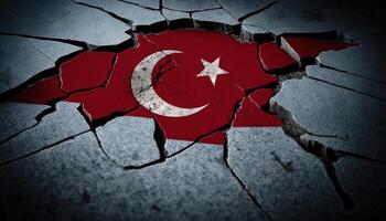 , earthquake in Turkey banner, Turkish flag on broken concrete, cracked ground. Catastrophic concept, calamity that struck this country photo
