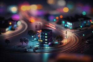 generativo ai, noche luces escena de ciudad con casas, carreteras, carros, fotorrealista inclinación cambio, largo exposición efecto horizontal ilustración. resumen urbano noche ligero bokeh desenfocado antecedentes foto