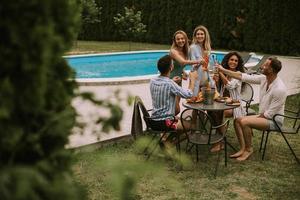 Group of young people cheering with cider by the pool in the garden photo