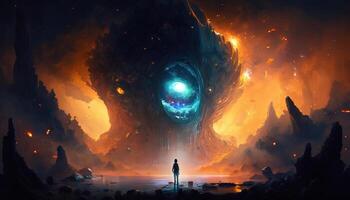 , Glowing huge Space Nebula eye, creature emerging from a vast liquid wet swamp illustration, banner template, cosmic horizontal background. Universe, galaxy concept. photo