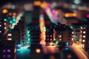 , Night lights scene of city with houses, roads, cars, photorealistic tilt shift, long exposure effect horizontal illustration. Abstract urban night light bokeh defocused background photo