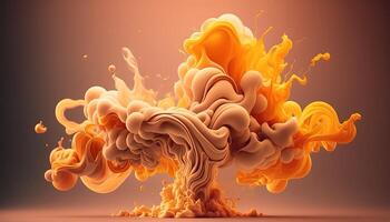 , Flowing light apricot crush smoke with splashes. Soft fluid banner, spring female mood, 3D effect, modern macro realistic abstract background illustration, ink in water effect. photo