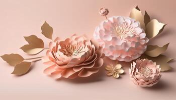 , Paper cut craft flowers and leaves, pastel beige and apricot colors, floral origami textured background, spring mood. Photorealistic effect. photo