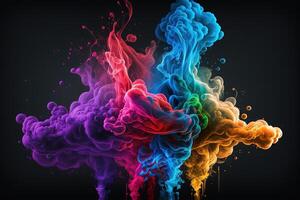 generativo ai, fluido vistoso arco iris líquido y fumar con salpicaduras brillante fluido bandera, 3d efecto, moderno macro realista resumen antecedentes ilustración, tinta en agua efecto. foto