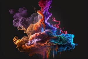 , Flowing colorful rainbow liquid and smoke with splashes. Bright fluid banner, 3D effect, modern macro realistic abstract background illustration, ink in water effect. photo