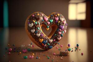 , donut in heart shape with little hearts pastries, cookie on the table. Sweet food advertising banner. 3D effect, St. Valentine's romantic bakery concept, modern illustration. photo