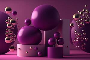 , geometric figures, cube, floating spheres and balls in violet and golden plastic color. Glossy geometric banner, 3D scene effect, modern macro photorealistic abstract background. photo