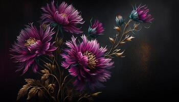 , Close up of blooming flowerbeds of amazing viva magenta flowers on dark moody floral textured background. Photorealistic effect. photo