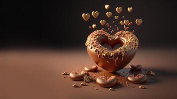, Chocolate donut in heart shape with little hearts pastries on the table. Sweet food advertising banner. 3D effect, St. Valentine's romantic bakery concept, modern illustration photo