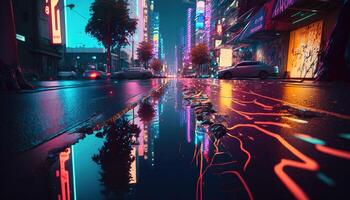 , Night scene of after rain city in cyberpunk style, futuristic nostalgic 80s, 90s. Neon lights vibrant colors, photorealistic horizontal illustration. photo