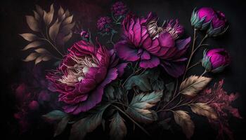 , Close up of blooming flowerbeds of amazing viva magenta flowers on dark moody floral textured background. Photorealistic effect. photo
