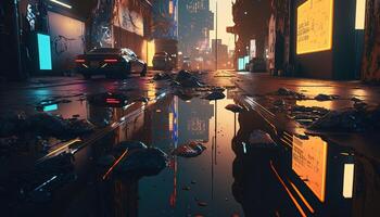 , Night scene of after rain city in cyberpunk style, futuristic nostalgic 80s, 90s. Neon lights vibrant colors, photorealistic horizontal illustration. photo