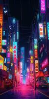 , Night scene of after rain city in cyberpunk style, futuristic nostalgic 80s, 90s. Neon lights vibrant colors, photorealistic vertical illustration. photo